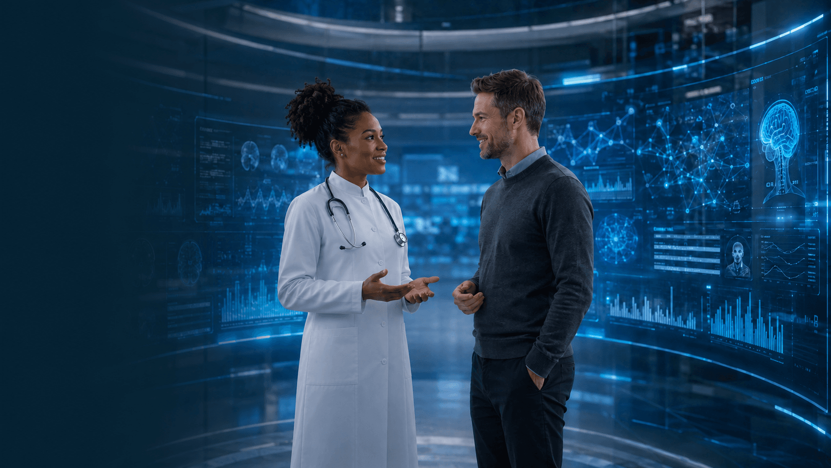 Médica conversando com um paciente em um ambiente de tecnologia clínica